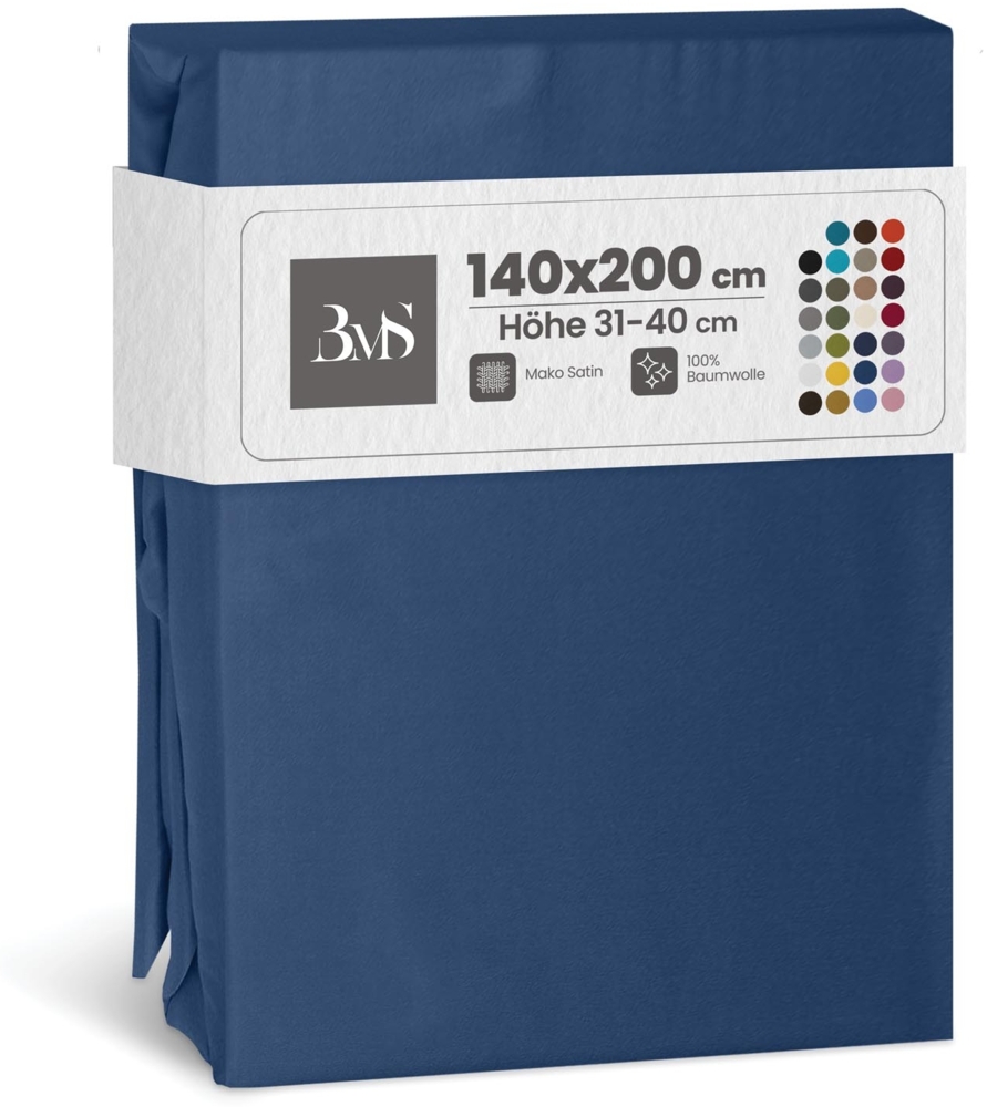 Bettwaesche-mit-Stil Mako-Satin Spannbettlaken Jeans Blau 140x200cm Höhe 31-40cm Bild 1