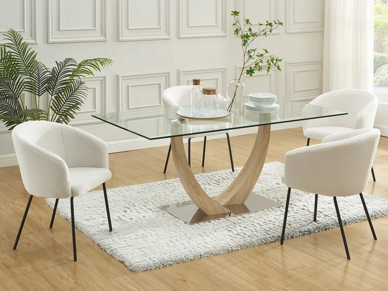 Vente-unique - Stuhl mit Armlehnen 6er-Set - Bouclé-Stoff & Metall - Cremefarben - MORONI von Pascal MORABITO Bild 1