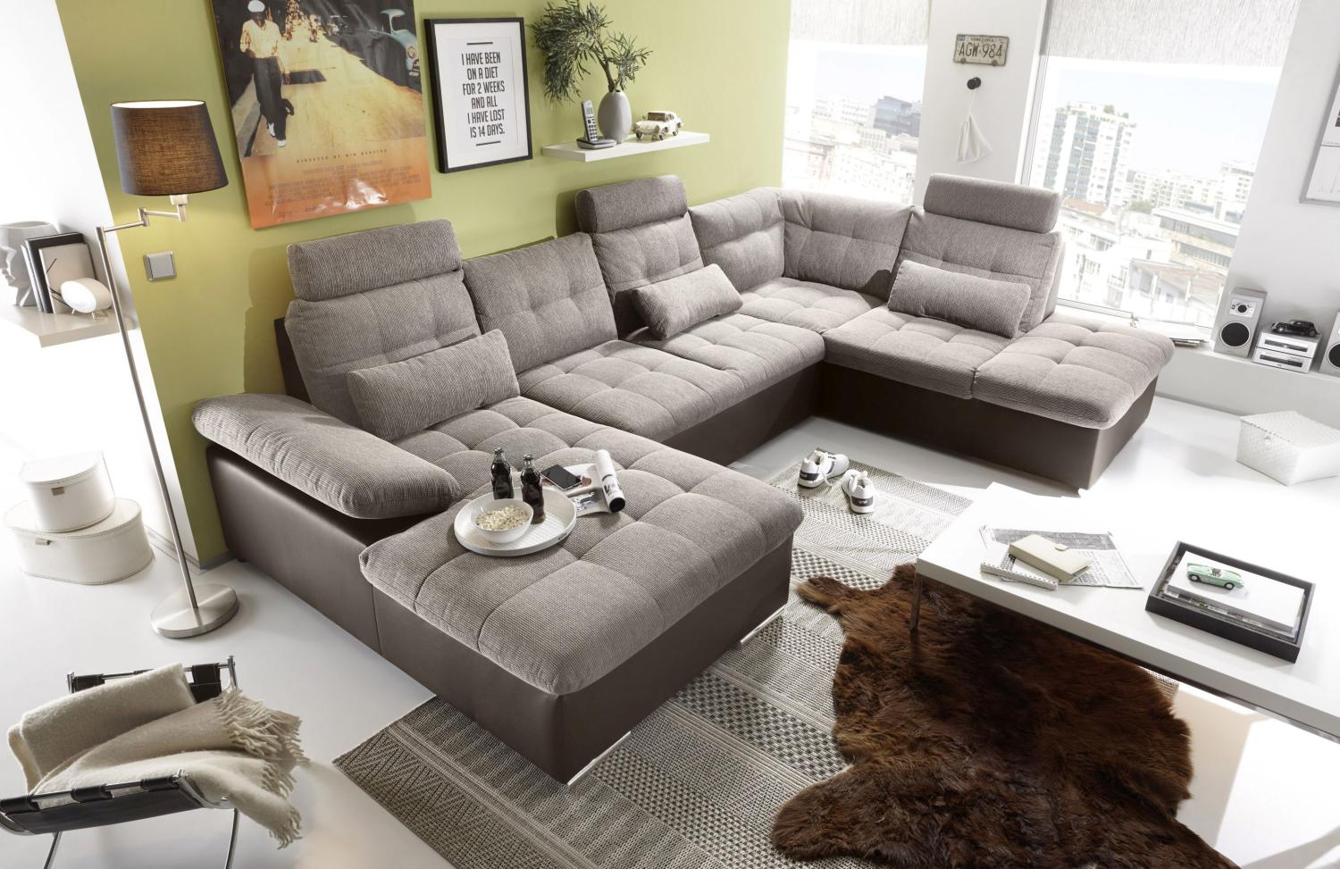 Couch Wohnlandschaft Schlaffunktion Schlafsofa braun beige Ottomane rechts Bild 1