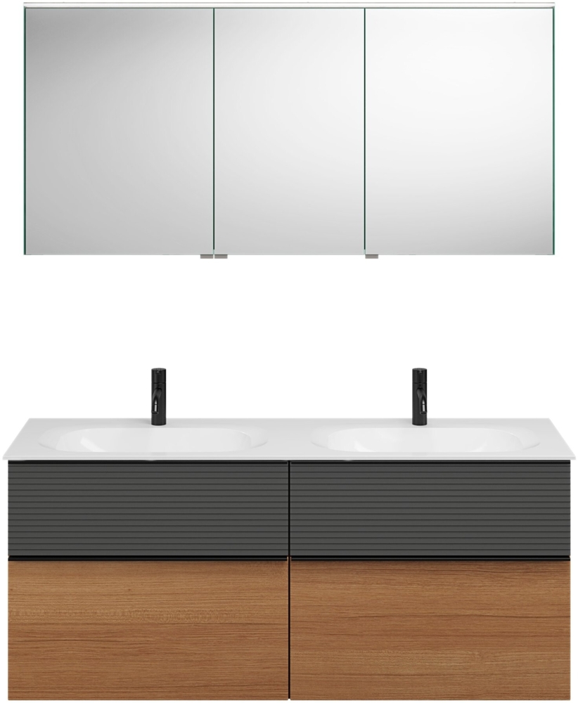 Burgbad FIUMO Waschtisch Set mit Spiegelschrank 142 cm breit, Anthrazit/Braun, Doppelwaschbecken Gussmarmor Weiß, 4 Schubladen, Anschlag rechts Bild 1