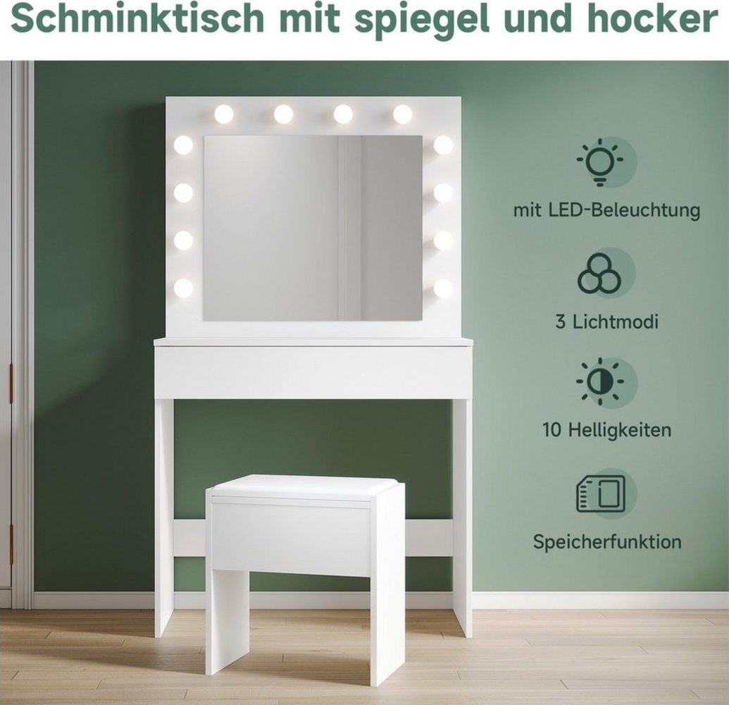 SONNI Schminktisch Schminktisch Weiss/Schwarz mit LED-Beleuchtung, 80 x 40 x 140 cm, mit Spiegel, Hocker, Schublade,Kosmetiktisch,3 Lichtmodi Bild 1