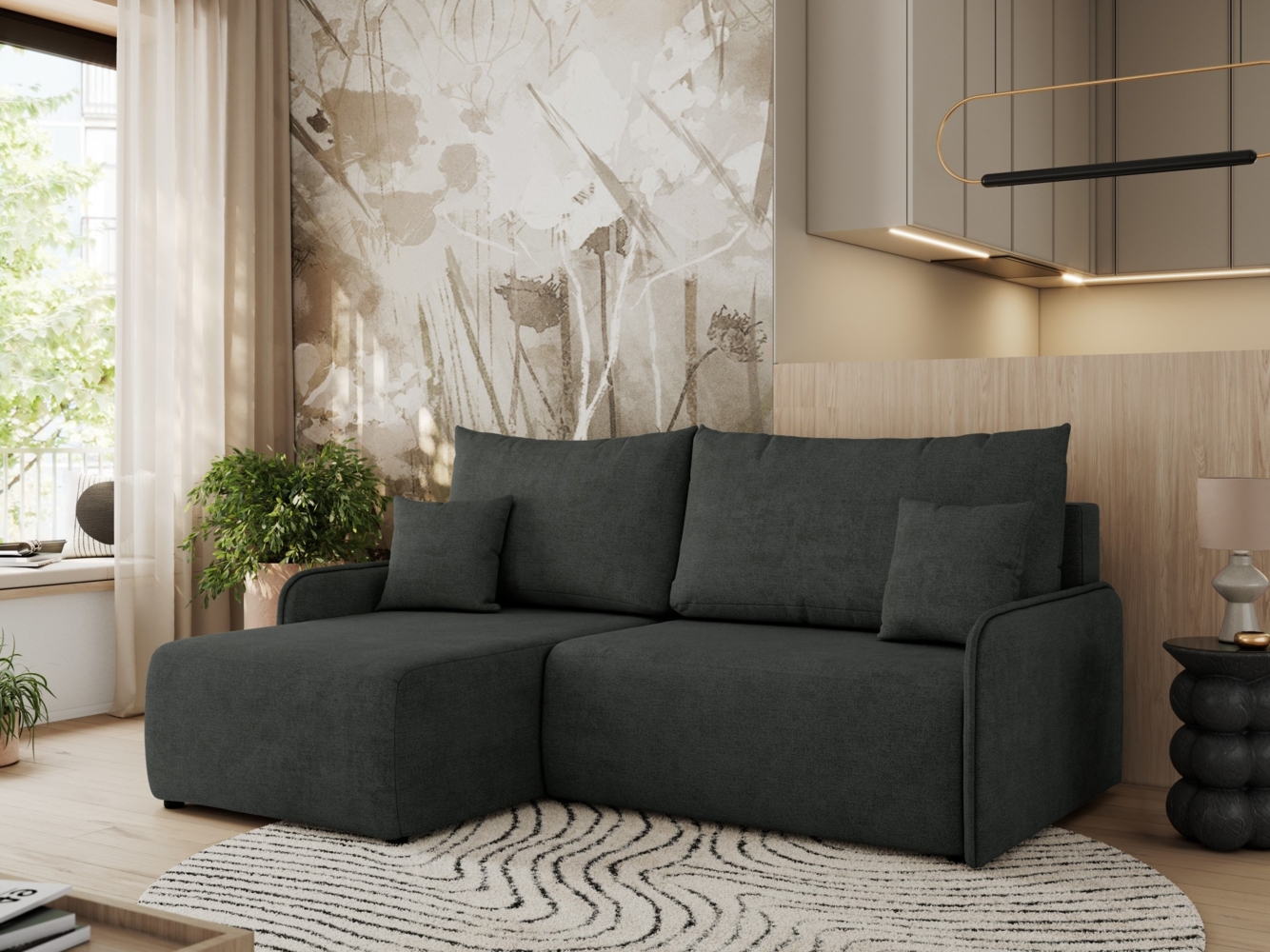 Ecksofa für das Wohnzimmer, mit losen Kissen, Schlaffunktion und Bettkästen, L-förmiges Ecksofa mit Armlehnen, Wellenfeder - ARPA - Dunkelgrau Struktur - linke Seite Bild 1