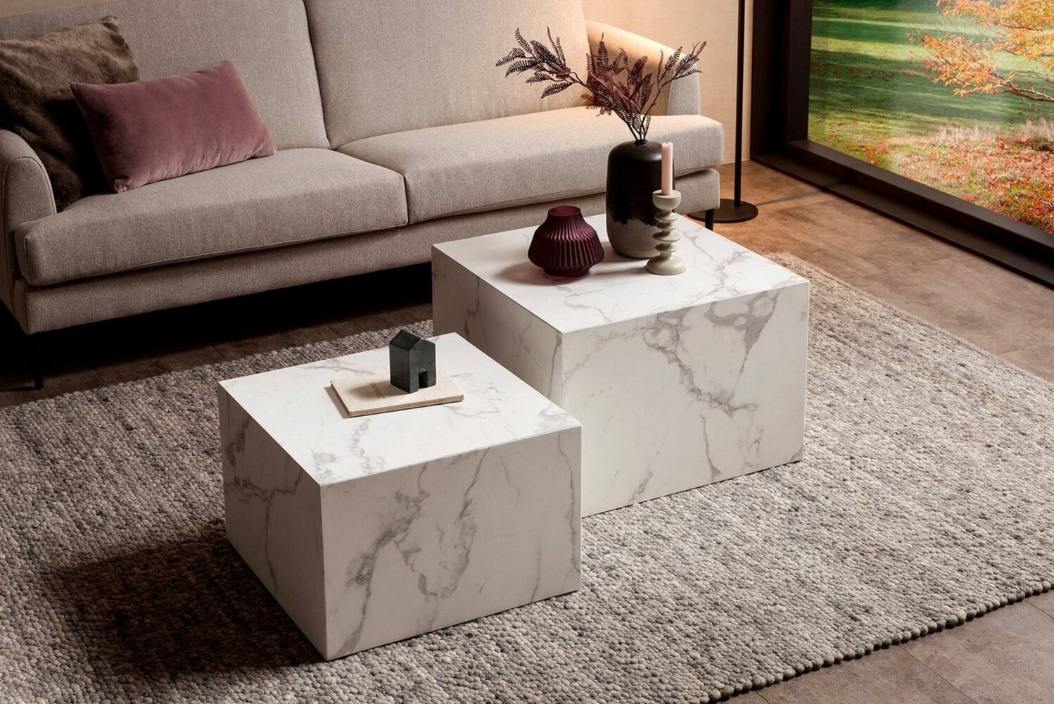 Couchtische 2er-Set 'Salesfever', quadratisch, MDF, Weiß Marmoroptik Bild 1