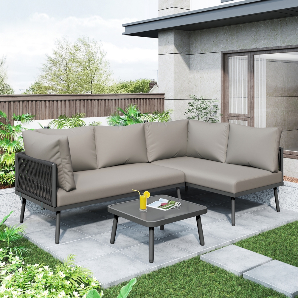 Merax Garten-Lounge-Set aus Eisen, Gartenmöbel-Set aus grauem Seil, L-förmiges Gartenmöbel-Set, Lounge-Set aus grauem Seil mit Sitzkissen Bild 1