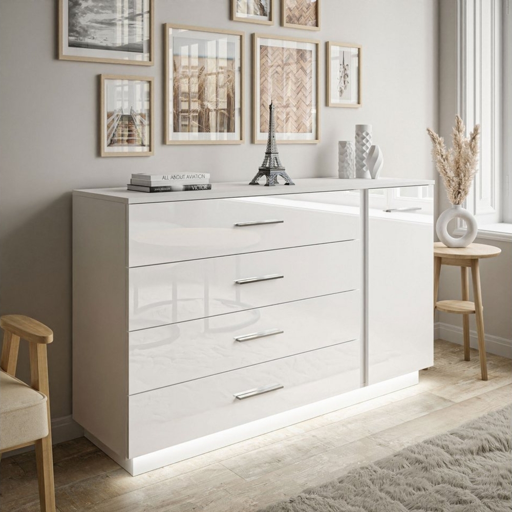 yourhouse24 Kommode LUNA II Sideboard Weiß Hochglanz Push-Open Chrom Griffe LED Bild 1