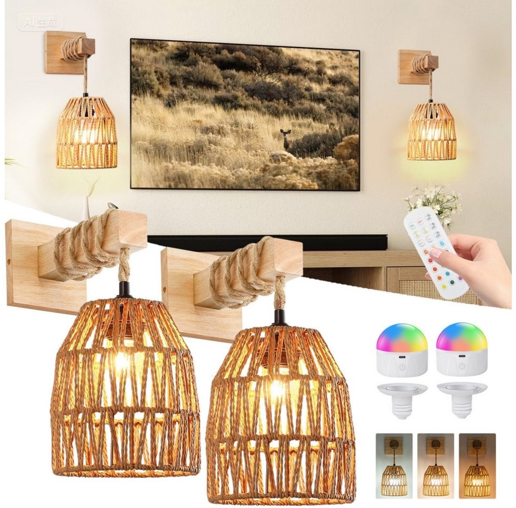 LMaxhome LED Wandleuchte Vintage Wandlampe Innen mit Fernbedienung, Rattan Boho Lampenschirm, 2St, LED wechselbar, 3000 K/4500 K/6500 K und RGB-Farbe, mit E27 Wiederaufladbarer Dimmbar Glühbirne für Schlafzimmer Flur Bild 1