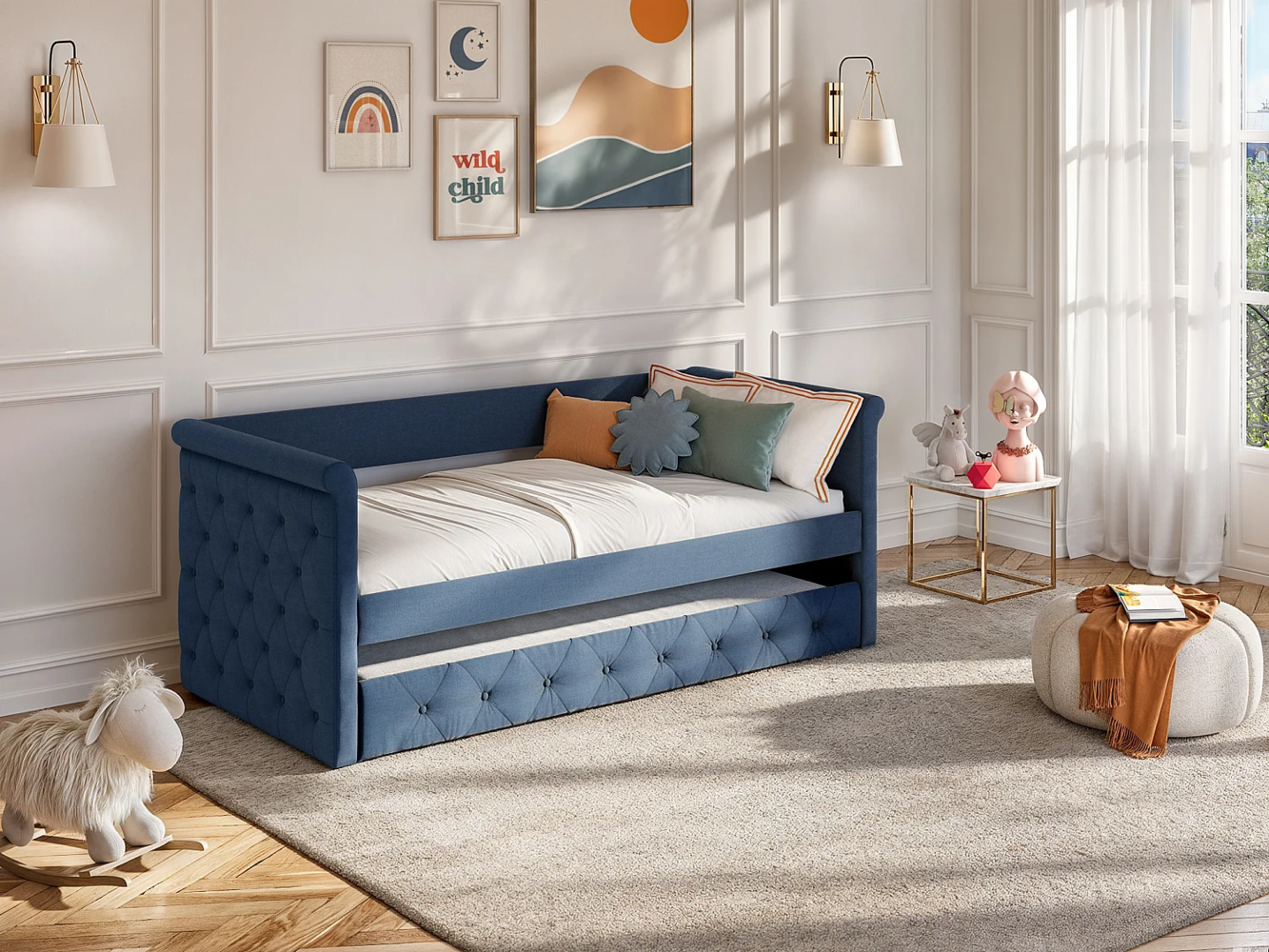 Vente-unique 'LOUISE' Ausziehbett, Stoff, 2 x 90 x 190 cm, Marineblau, mit Matratze Bild 1