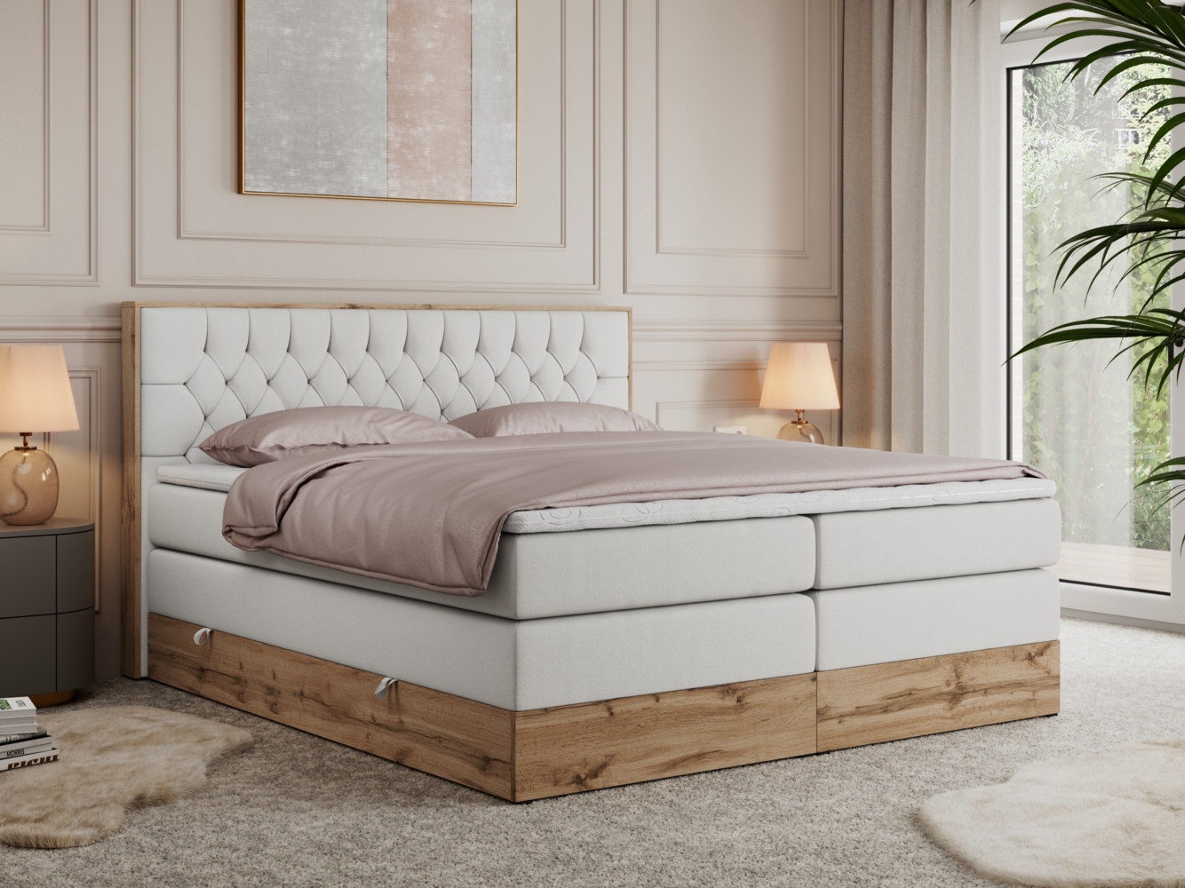 Boxspringbett AMORE KING, Doppelbett mit Multipocket-Matratze, Polsterbett mit Kopfstütze - 160 x 200 cm - Weiß Kunstleder - H3 Bild 1