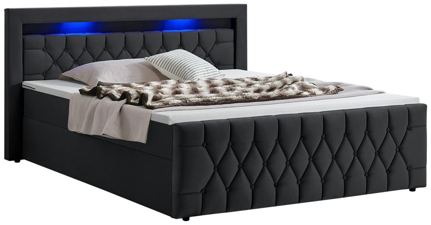 Juskys Boxspringbett Leona 180x200 cm - Bett mit LED Beleuchtung, Topper & H4 Federkern Matratzen - Einzelbett Schwarz mit Samt und Steppung Bild 1