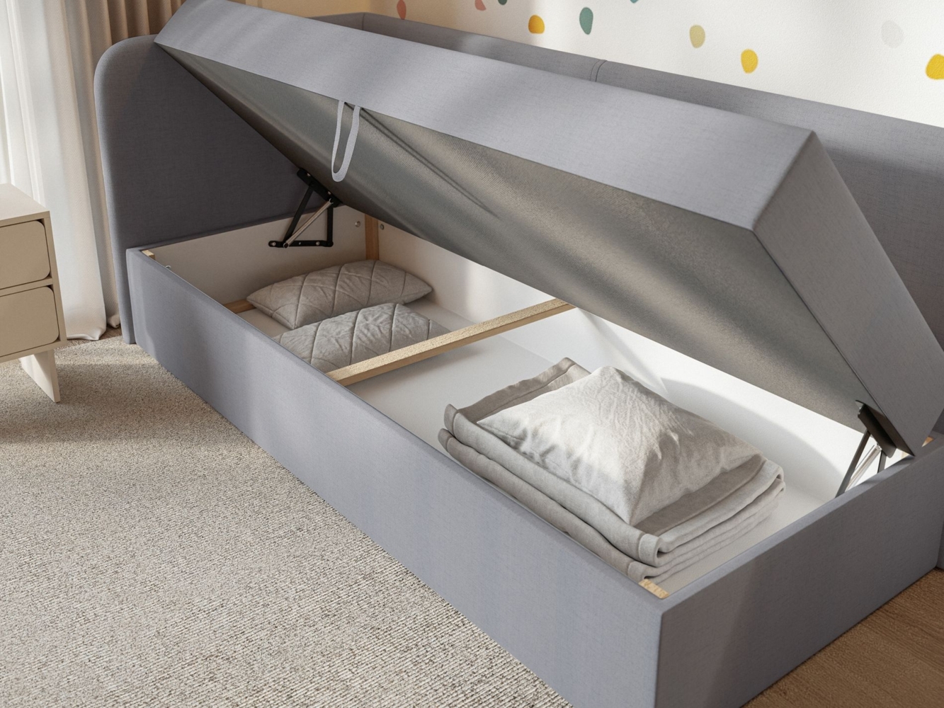 Selsey 'Calmmo' Jugendbett 90x200 mit Bettkasten, Chenille-Bezug, Kopfteil links, Hellgrau Bild 1