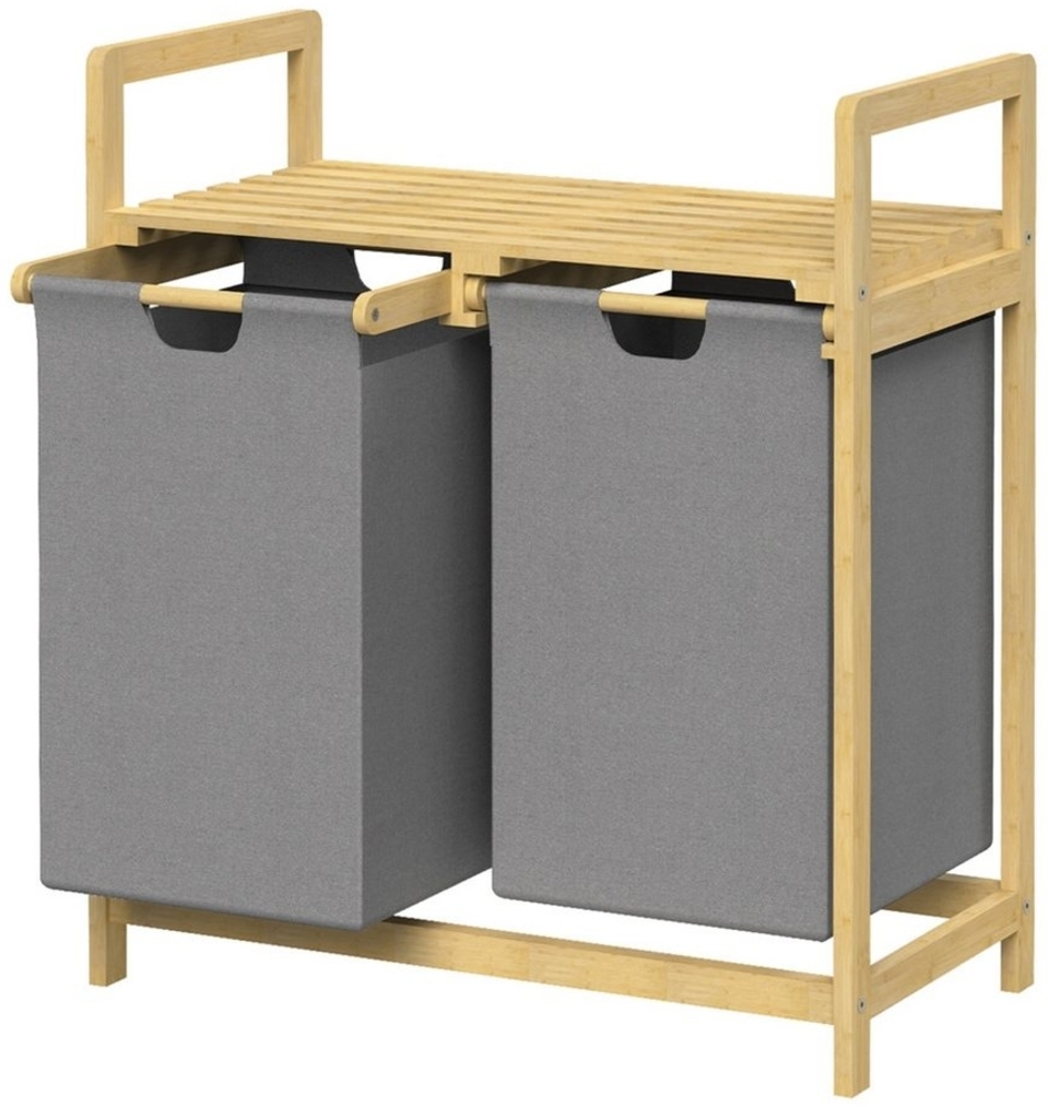 ML-DESIGN Wäschekorb Wäschebox mit 2 Fächern aus Bambus und Stoff für Badezimmer, Wäschesäcken 60L mit Stabiles Holzgestell Grau 73x63x33cm Wäschetruhe Bild 1