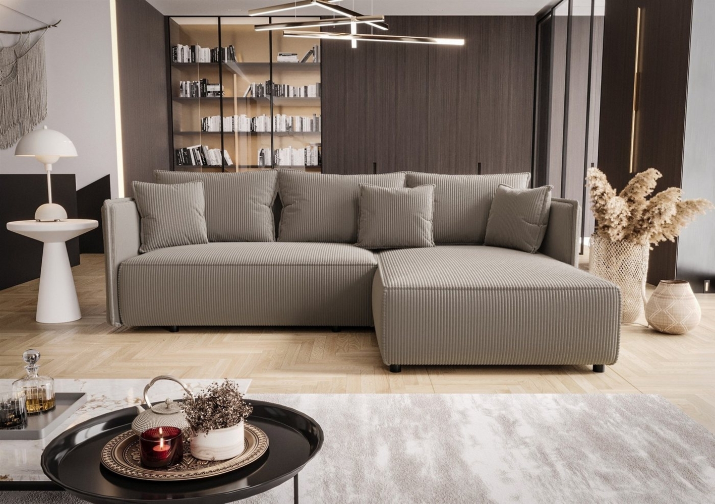 Ecksofa Schlafsofa EVORA Stoff Poso Hellbraun Ottomane Rechts Bild 1