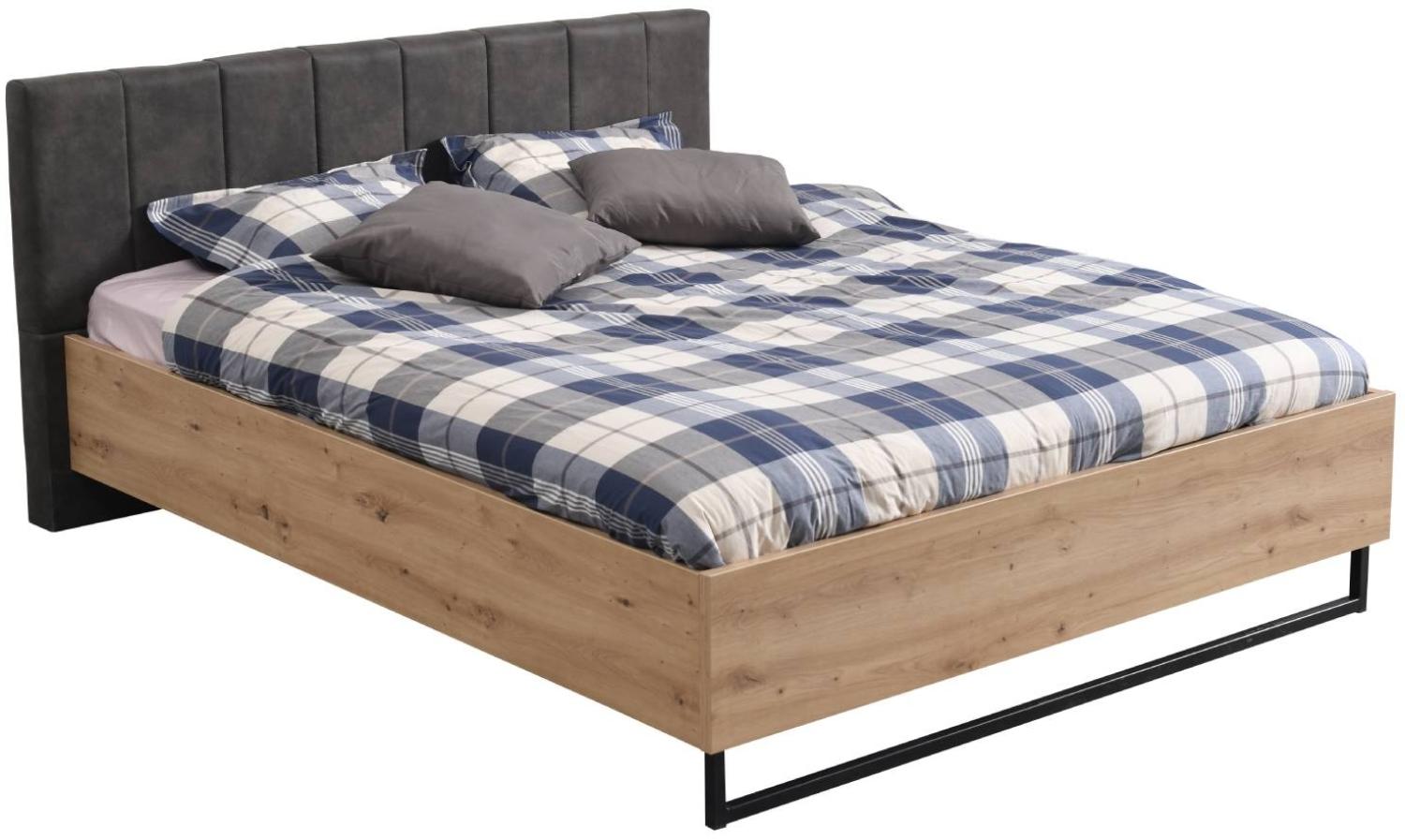 Doppelbett Holzbett Polsterbett 160x200 cm Bett Eiche Stoff Grau Bettgestell Industrial Style Bild 1