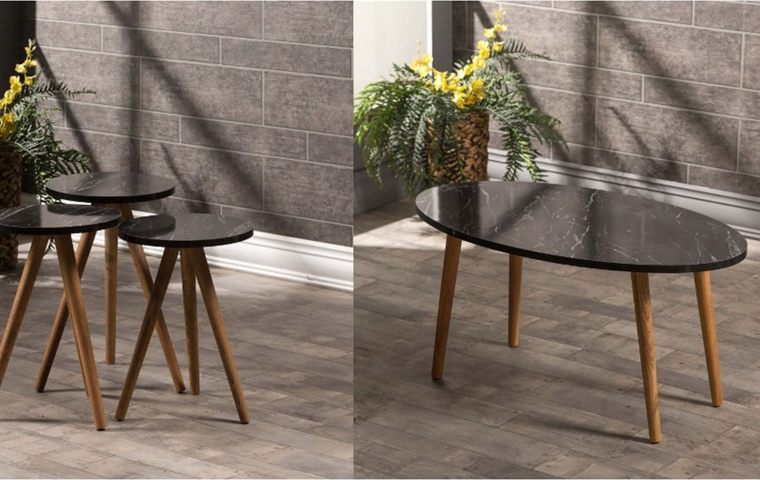 Couchtisch- und Satztisch-Set 50 x 90 x 42 cm Spanplatte/holz/pvc Marmor Dekor - schwarz 89321602 [en. casa] Bild 1