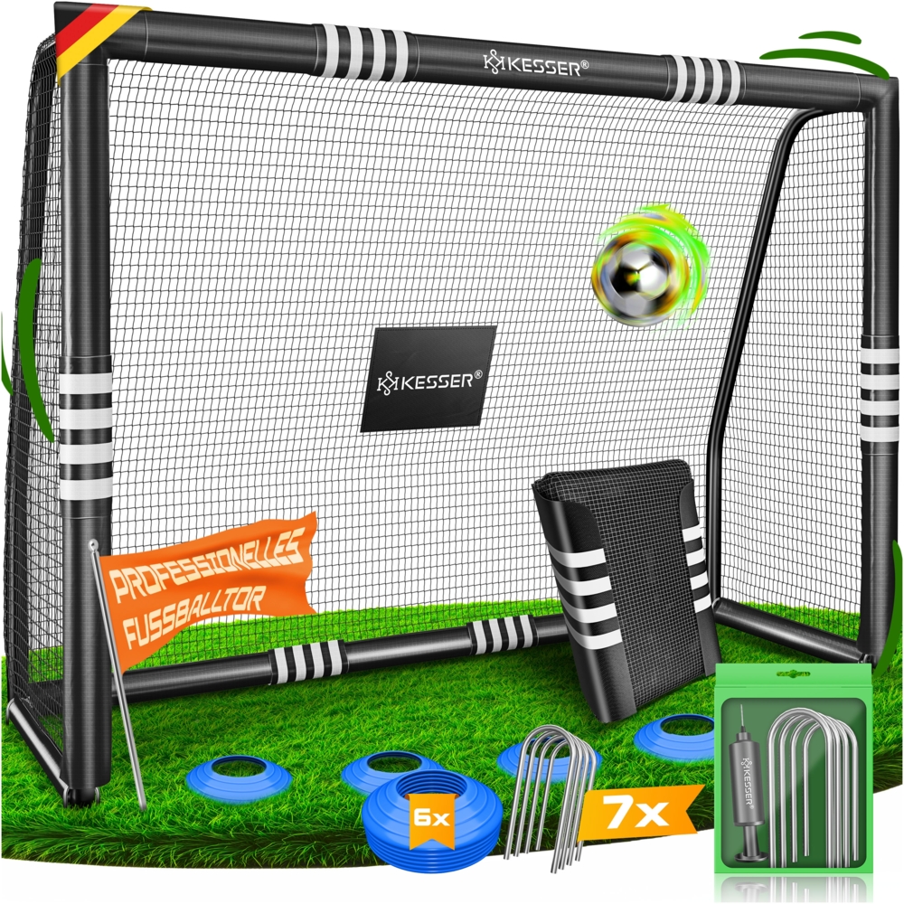 KESSER® Fußballtor mit Polsterung, Erdhaken, Luftpumpe & Hüttchen, Stahlrahmen schwarz, 240x160 cm Bild 1