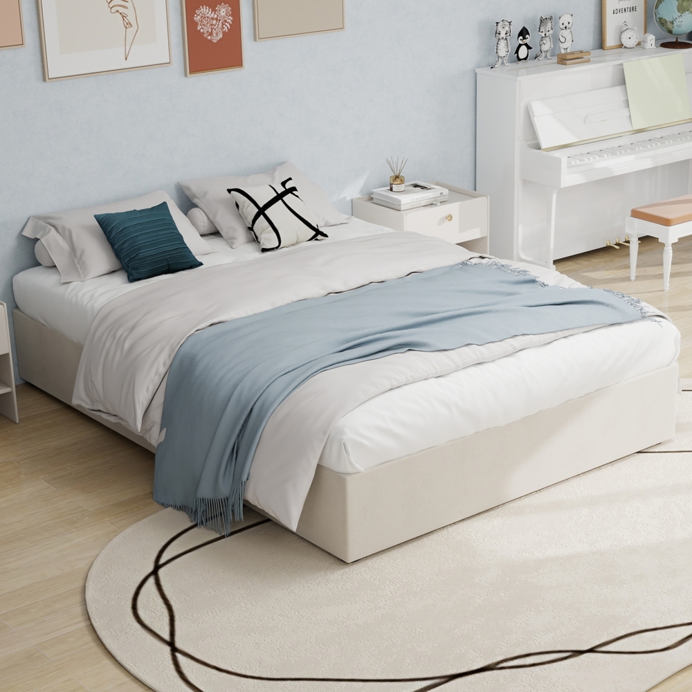 Bettgestell 160×200cm Hollandwollstoff & Metall,Rippenrahmen,modernes Design,Beige Bild 1