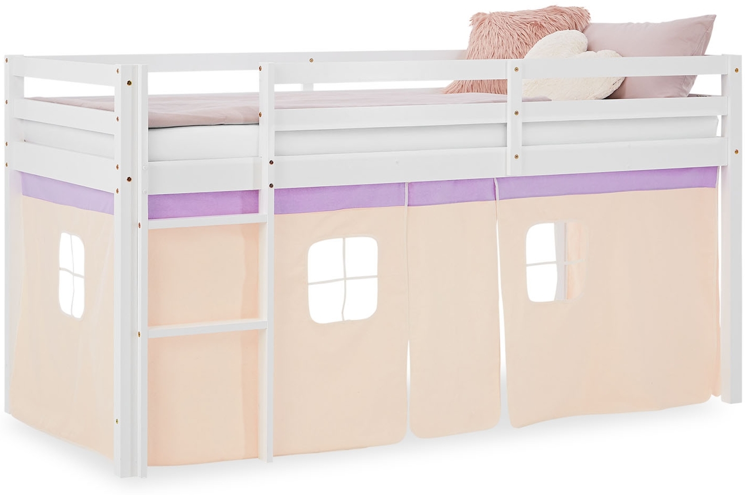 Hochbett Kinder 90x200 cm Kinderbett Kinderhochbett Stockbett Vorhang Lila Peach Leiter Holz Massiv Bild 1