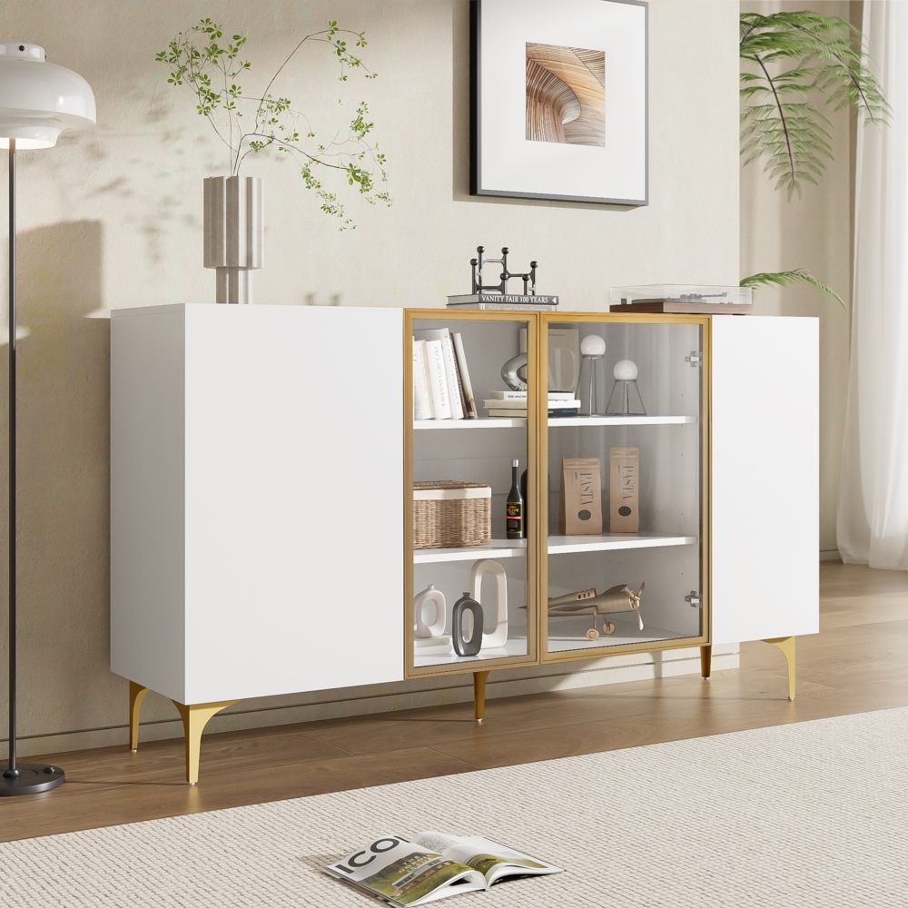 Merax 150cm Sideboard, mit 4-Tür, mit Viel Stauraum, Kommode für Wohnzimmer Esszimmer Schrank, Weiß Bild 1