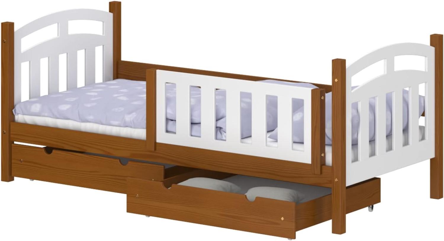 WNM Group Kinderbett mit Rausfallschutz Suzie - Jugenbett aus Massivholz - Bett mit 2 Schubladen fr Mdchen und Jungen - Funktionsbett 200x90 cm - Braun Bild 1