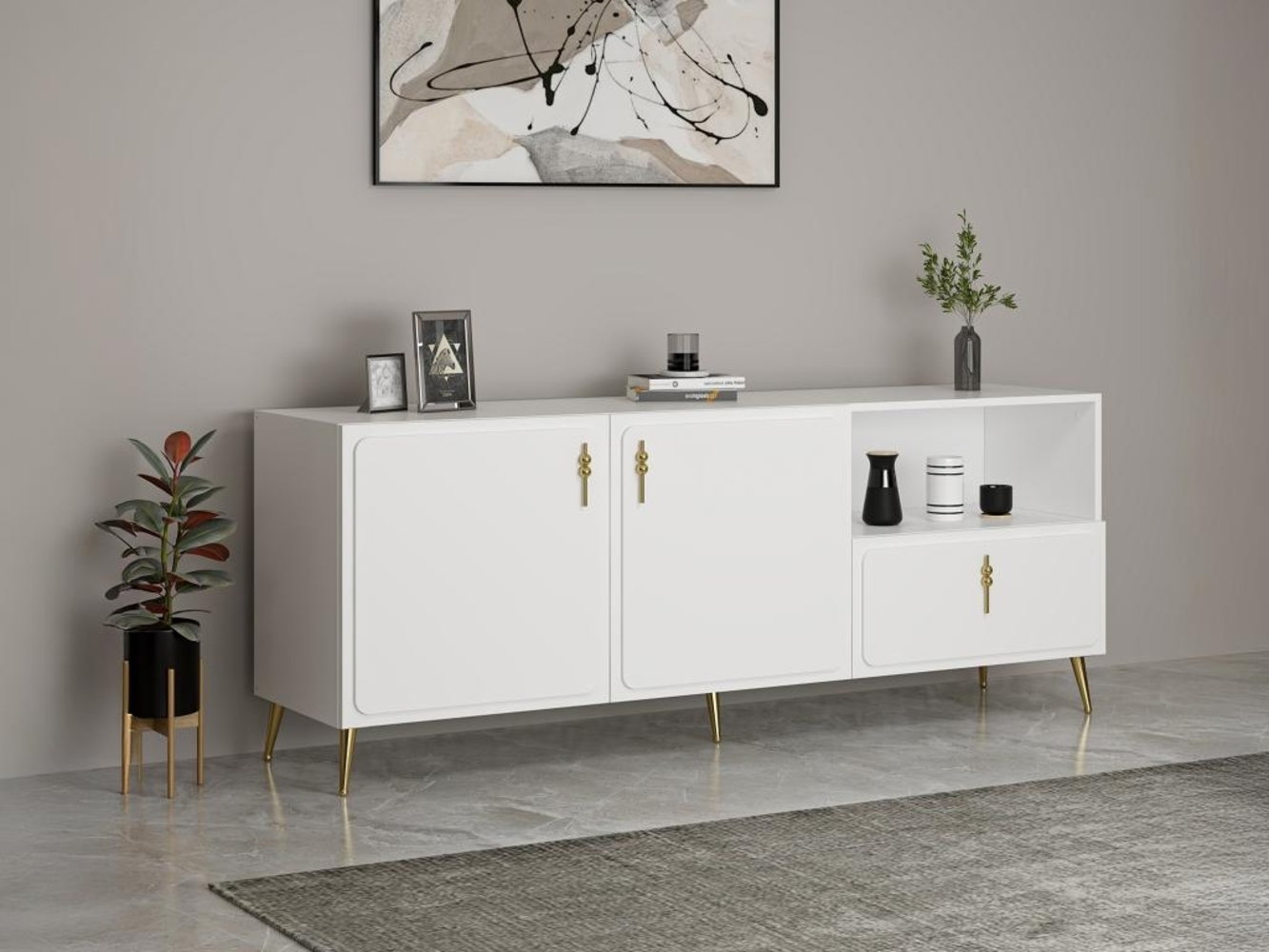 Vente-unique - Sideboard mit 2 Türen, 1 Schublade & 1 Regalfach - Weiß & Goldfarben - MAVELYA Bild 1