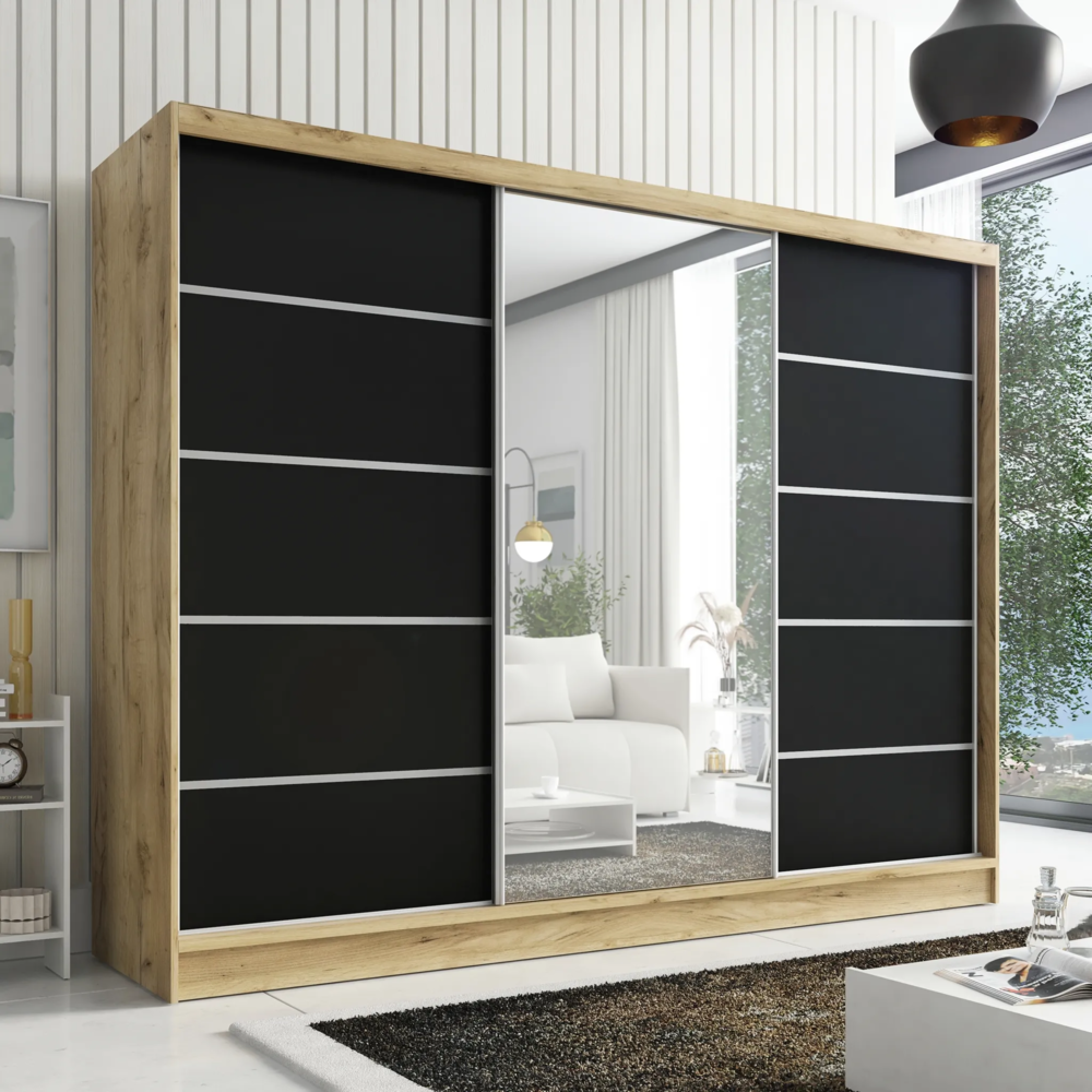 Schwebetürenschrank, 3-türig Schrank 200 cm mit Spiegel AURELIA 1. Farbe: Eiche Kraft gold, schwarz Bild 1