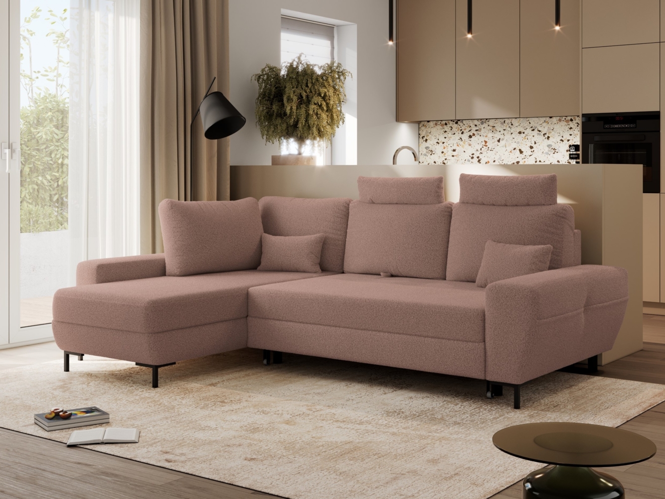 Ecksofa mit Schlaffunktion und Bettkasten für das Wohnzimmer, auf schwarzen Metallbeinen, mit losen Kissen - FLAVIA - Rosa Boucle - linke Seite Bild 1