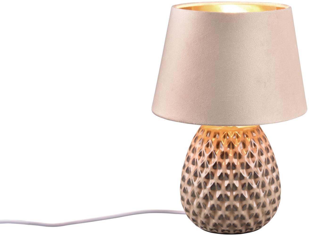 LED Retro Tischleuchte mit Samtschirm in Beige/Gold, Höhe 35cm Bild 1