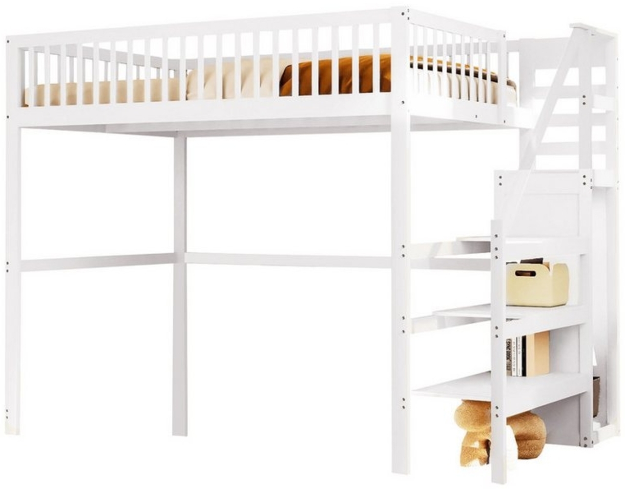 OKWISH Kinderbett Multifunktionales Hochbett mit Treppe,Stauraumbett Einzelbett Holzbett (Regal und Kleiderschrank, ideal für Kinderzimmer, 140 x 200 cm), Ohne Matratze Bild 1