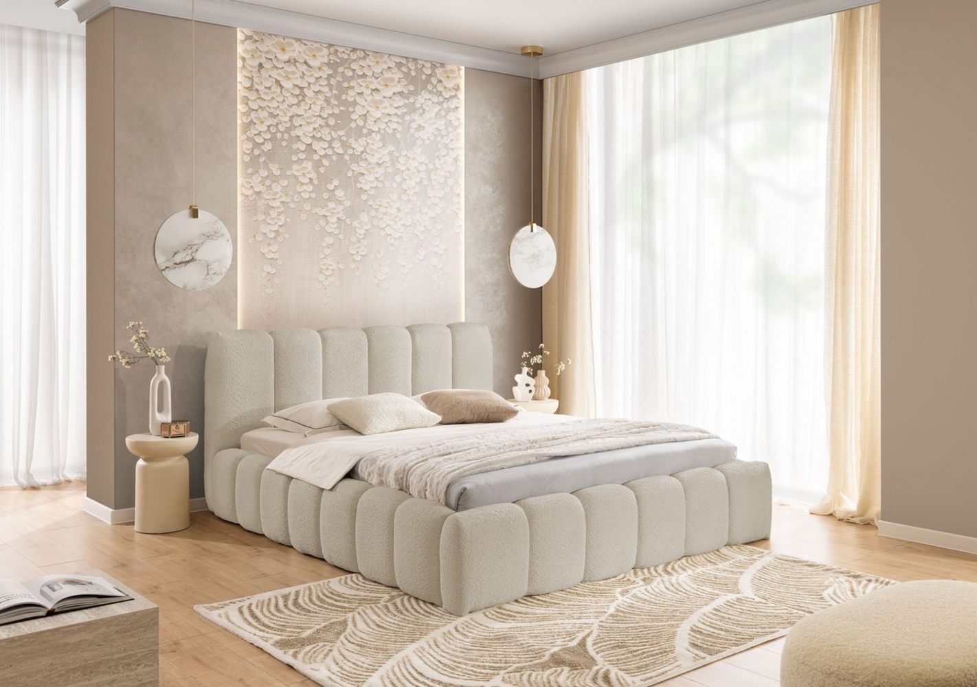 yourhouse24 Polsterbett Micandi mit Bettkasten (Bettgestell mit Lattenrost), Bouclé-Stoffbezug, Gepolstertes Kopfteil, Wolkenbett Bild 1