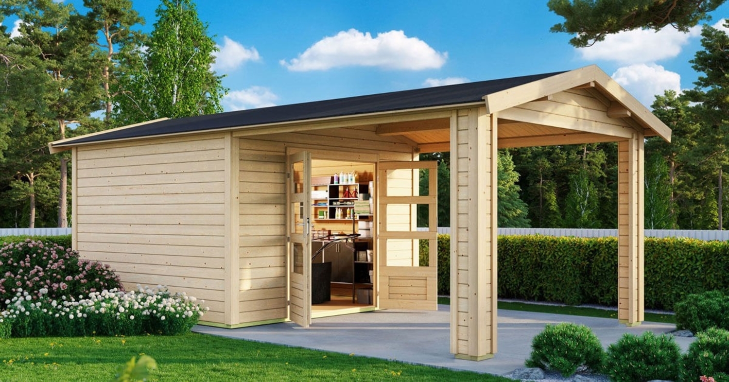 Gartenhaus Theres 3 - 244x244 cm plus Dachausbauelement, 28 mm Holz naturbelassen, Karibu Bild 1