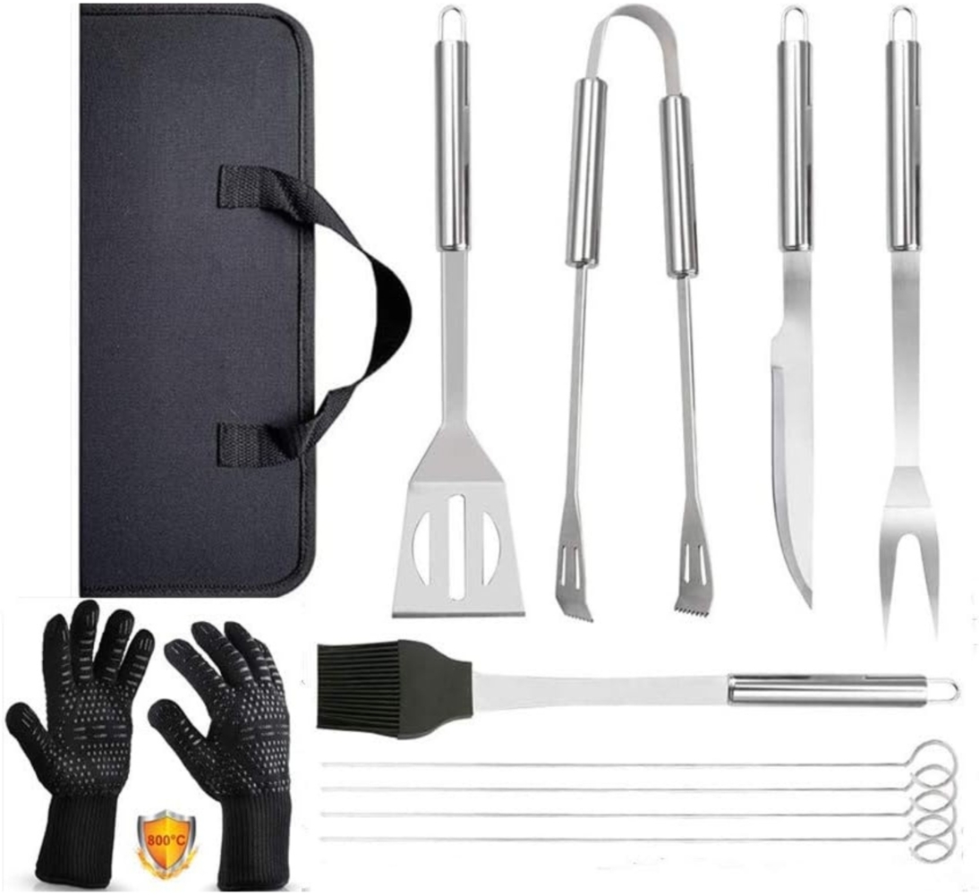 Premium Grillbesteck Set 9tlg mit Grillhandschuhe bis 800°C Grillgeschenke Bild 1