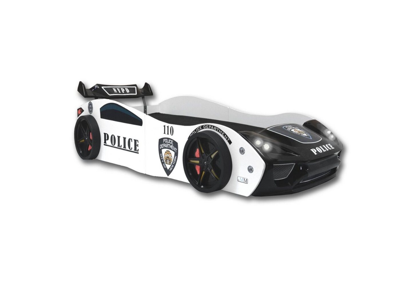 Aileenstore Autobett Police (inkl. Lattenrost LED Licht und Heckspoiler), Kinderbett 90 x 200 cm, Spielbett als Polizeiauto Rennwagenbett Bild 1