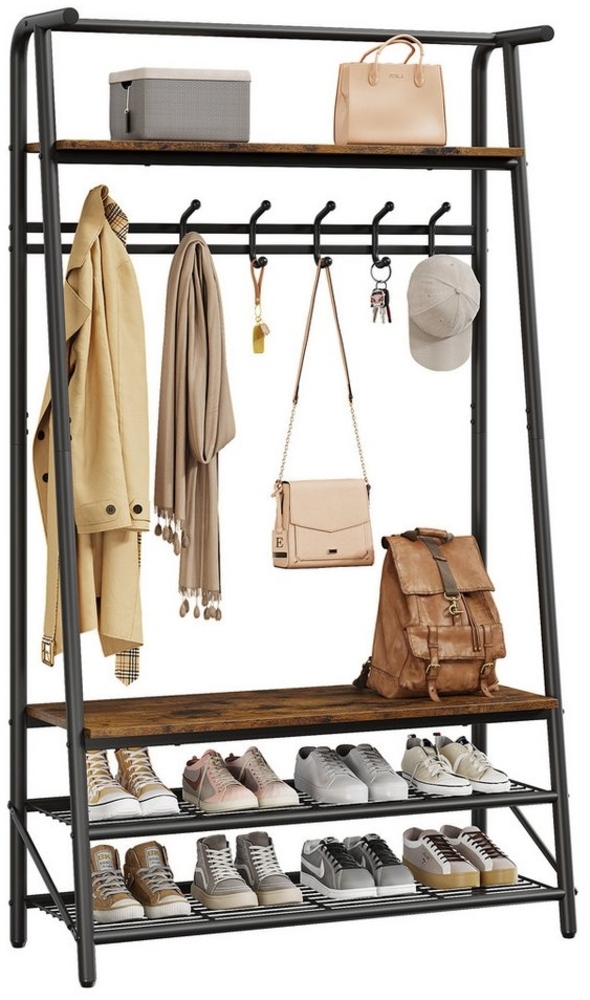 GarveeMore Garderobenständer 4-in-1 mit Schuhbank, Kleiderhaken & Ablage, Industrieller Flurständer mit Stauraum für Schuhe,Taschen,100cm Bild 1