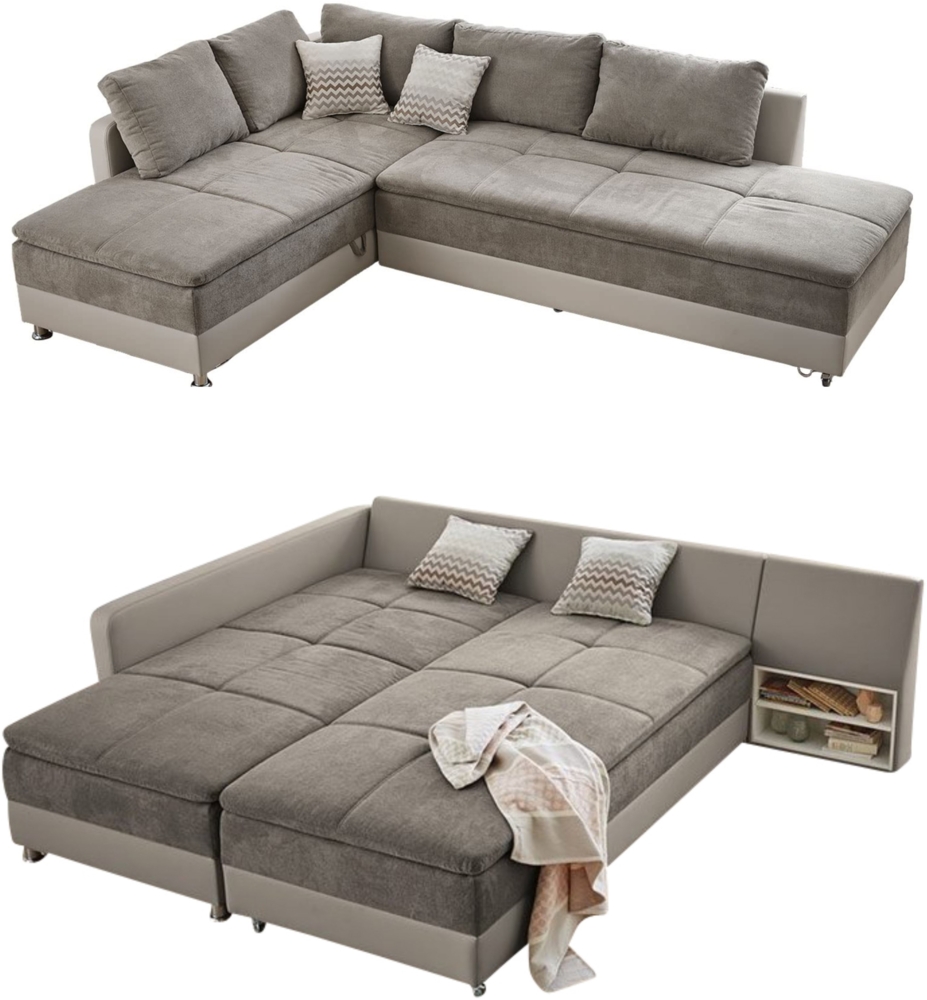 ECKSOFA-DAUERSCHLÄFER Doppelbett Boxspring Federkern Topper, Schwenkteil rechts 306/223/95 cm, Kunstleder Beige+Mikrofaser Grau Braun Bild 1