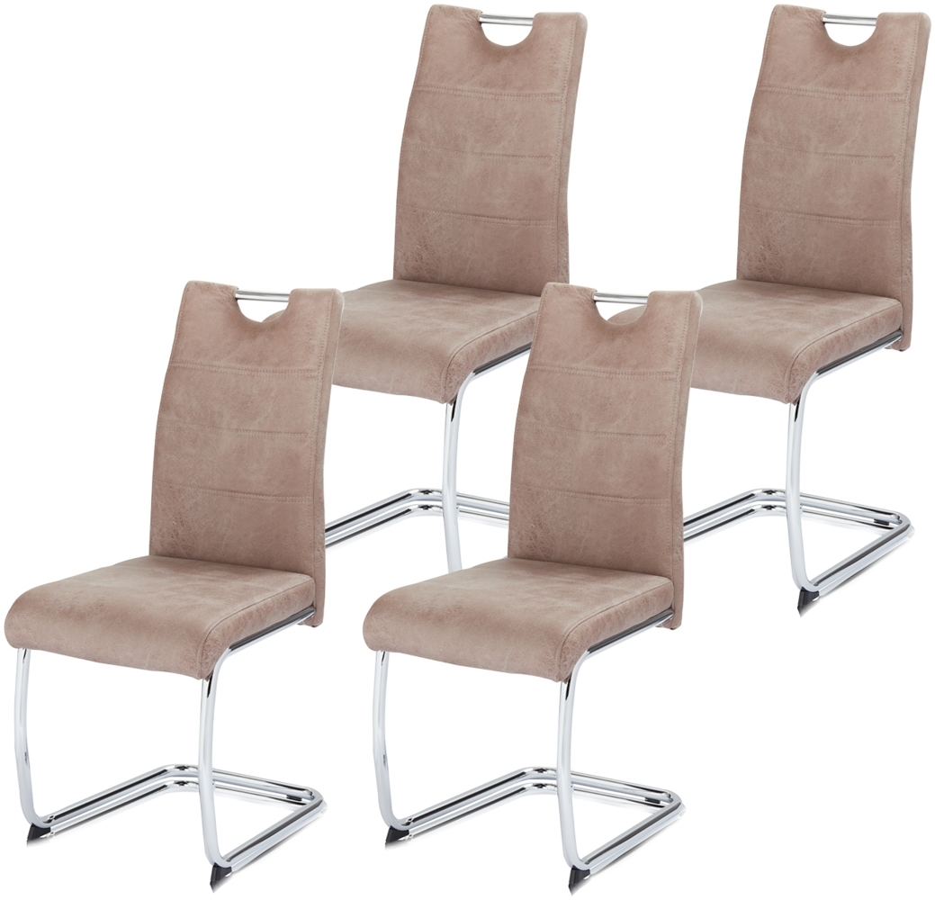 KHG 4er Set Esszimmerstühle Schwingstuhl Polsterstuhl Küchenstuhl Mikrofaser Beige - Design Stuhl Sitzhöhe 48 cm - Freischwinger mit integriertem Griff Bild 1