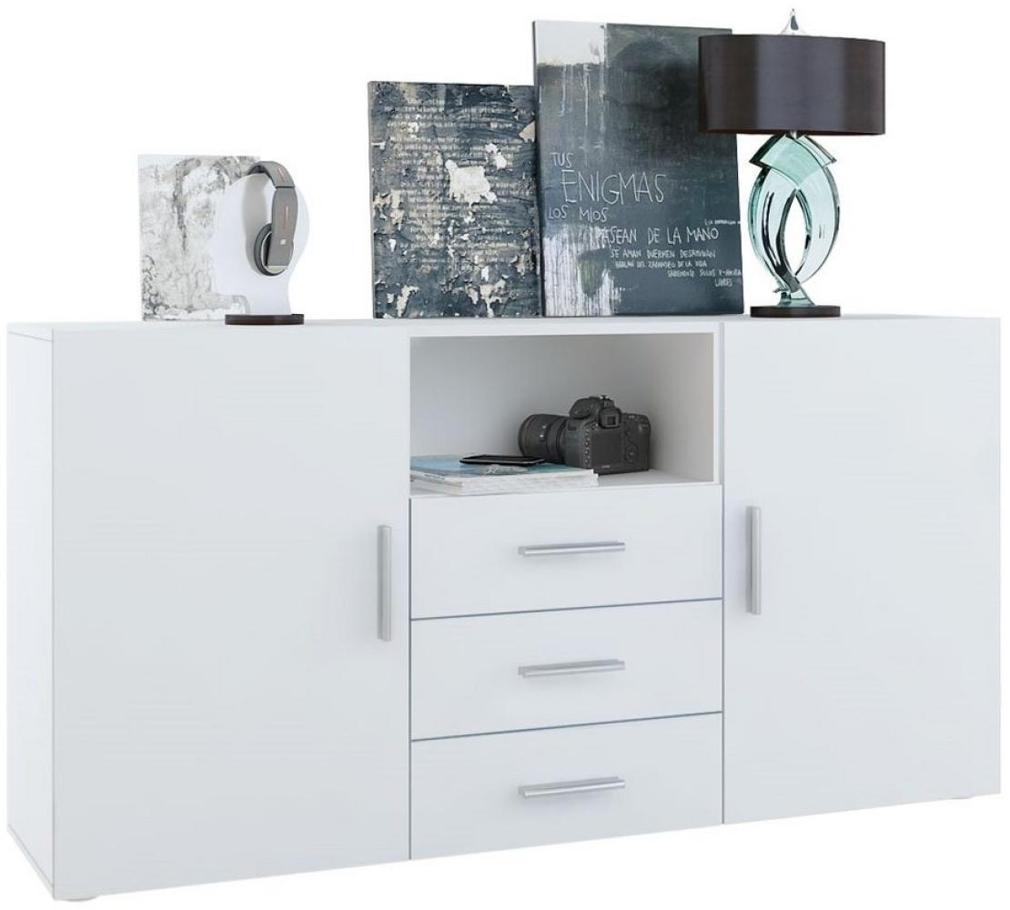 Vladon Sideboard Skadu, Kommode mit 2 Türen, 3 Schubladen und 1 offenem Fach, Weiß matt/Weiß matt (138,5 x 71,5 x 35 cm) Bild 1