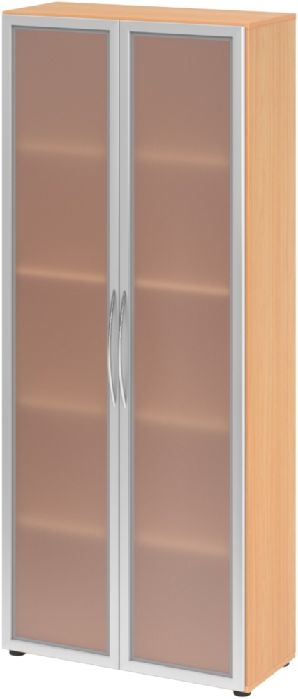 bümö Mehrzweckschrank 80cm breit, Aktenschrank o. Schuhschrank hoch, Milchglastüren Schrank, Küchenschrank in Buche/Silber aus Holz, Vorratsschrank & Haushaltsschrank mit Metallgriffen, 4200-6-S Bild 1