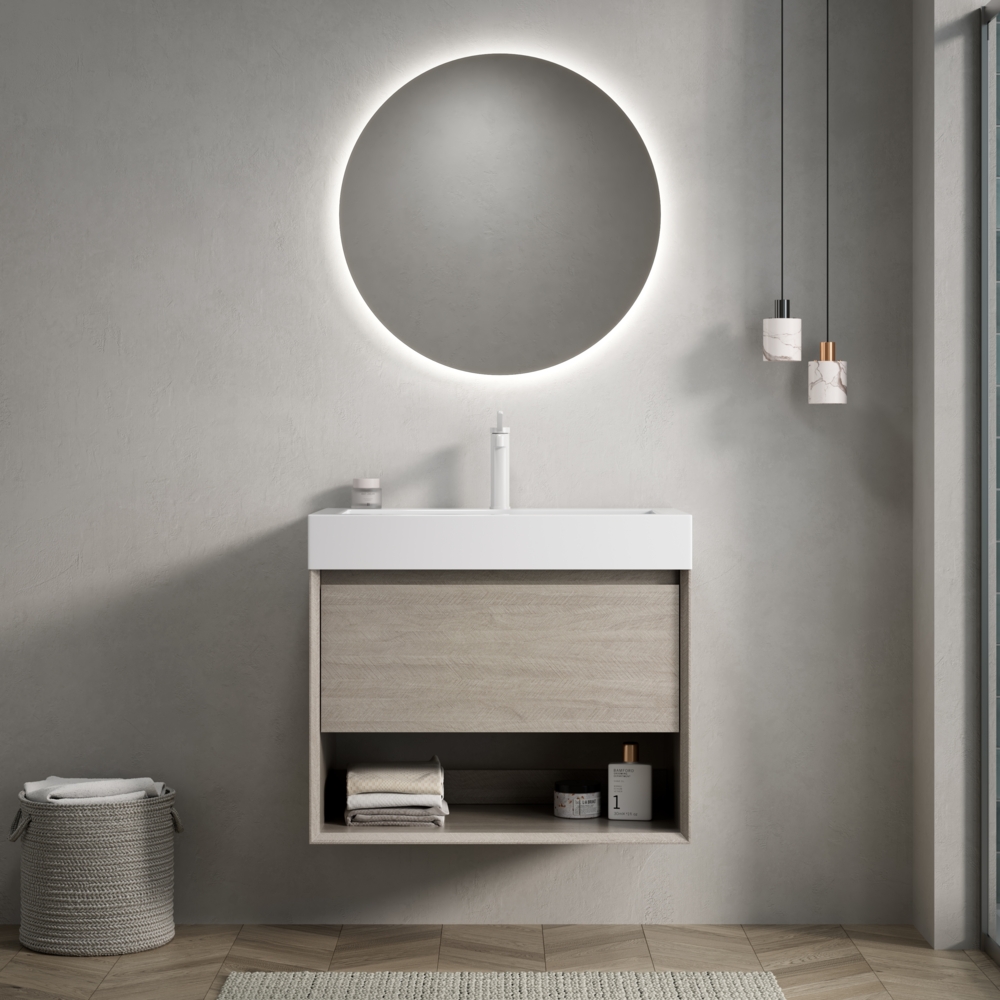 Badezimmer-Waschtisch, Wandmontie mit weißem Rechteckigem Resin-Integralbecken Sperrholz Schrank mit eine Schublade und ein Offenes Regal Vormontiert, Sperrholz/Resin, Eiche Hell Holzmaserung, 70cm Bild 1
