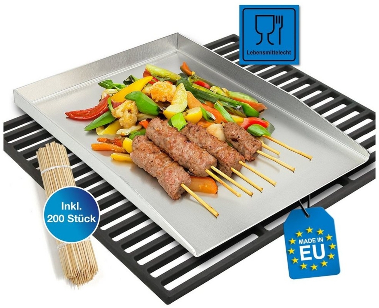 Schwanfeld Grillplatte Plancha 40x30 cm - [ESSENS-FALLSCHUTZ & ANTI-HAFT] - Premium Grillmatte (inkl. 200 Grillspieße aus Holz - Gesundes Grillen - Hochwertiger 2mm Edelstahl - Grillplatte Gasgrill) Bild 1