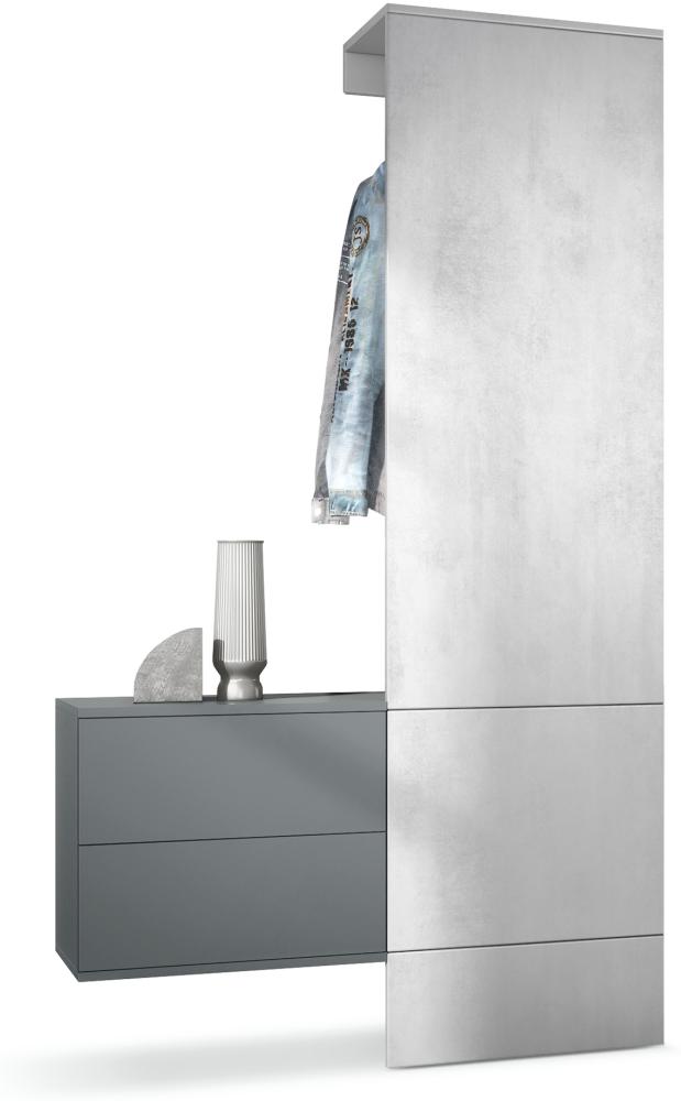 Garderobe Carlton Set 2, Wandgarderobe aus Deko-Paneel & hängender Schubladen-Kommode, Anthrazit matt/Beton Oxid Optik (105 x 193 x 35 cm) Bild 1