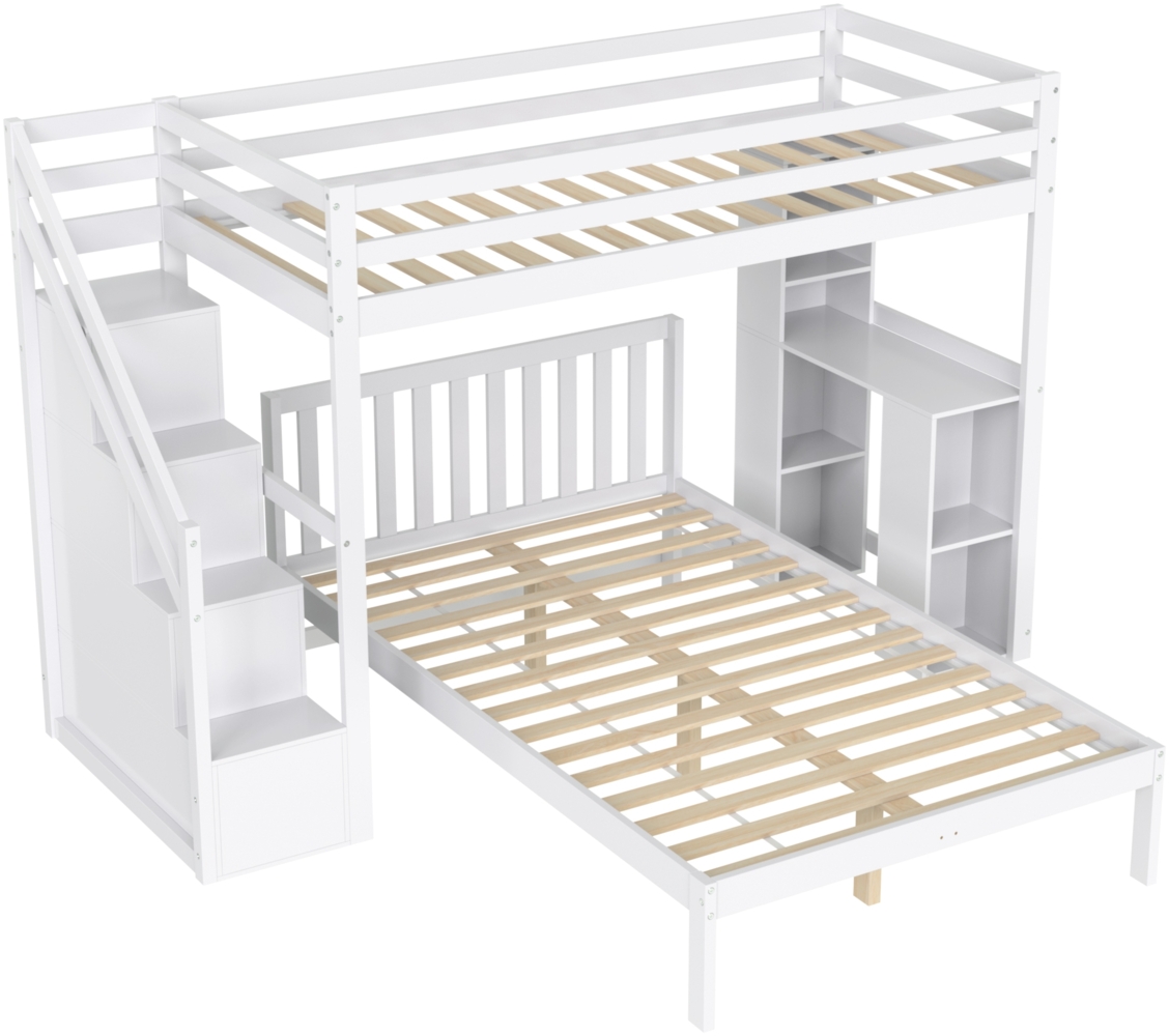 ComfortXL Etagenbett mit Stautreppe-05, Massivholz, Weiß, 204x130x160cm Bild 1