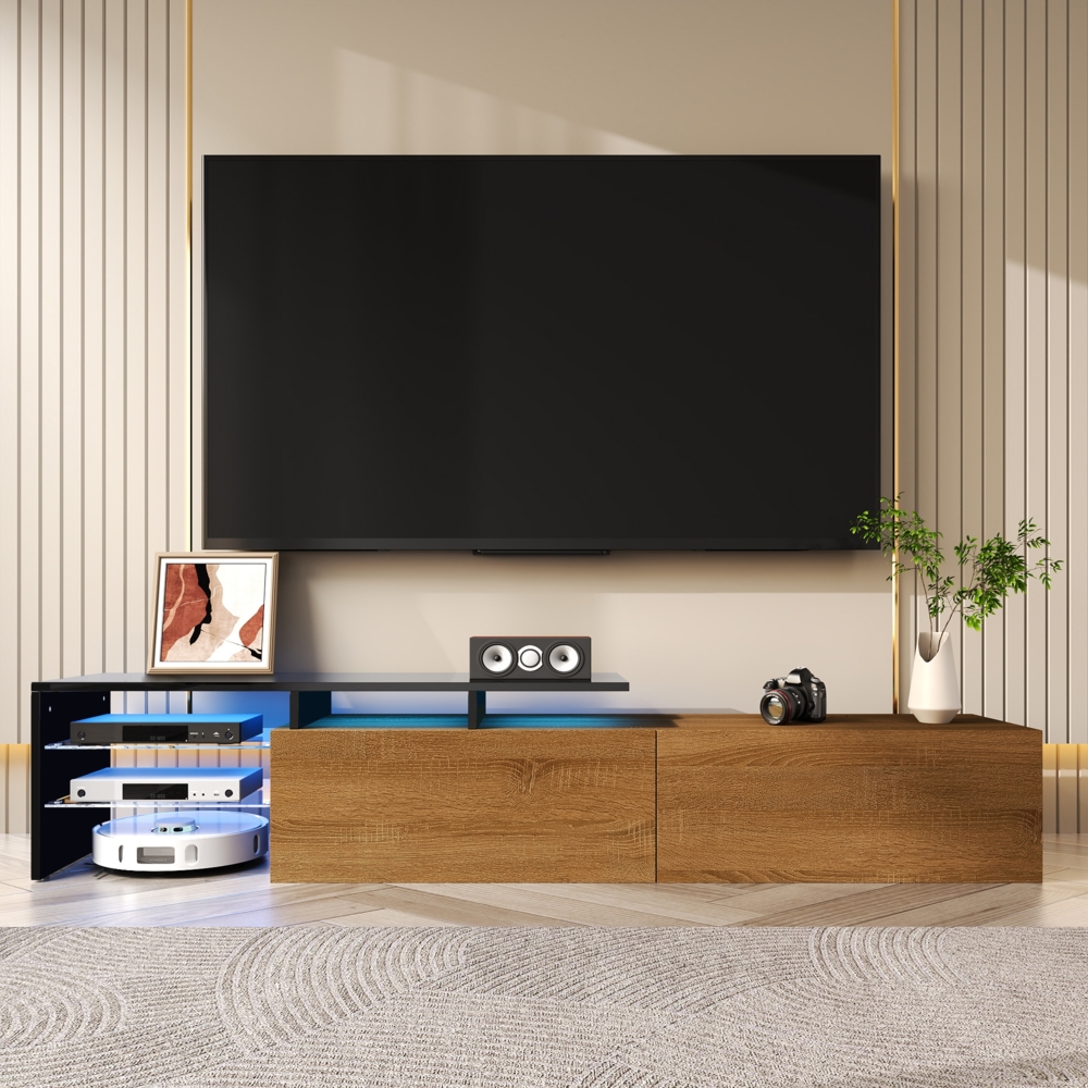 TV-Schrank 170 x 33 x 33 cm in Schwarz mit Glasböden und LED-Beleuchtung Bild 1