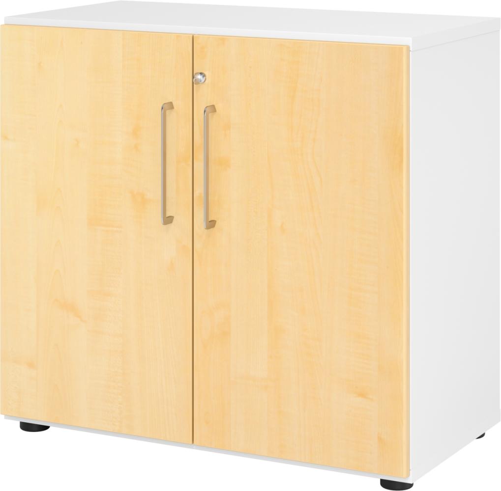 bümö Aktenschrank abschließbar, Büroschrank Holz 80cm breit in Weiß/Ahorn - abschließbarer Schrank mit Aktenregal für's Büro & Arbeitszimmer, Büro Möbel Ordnerschrank mit Schloss, 928T2-W-3-BS Bild 1