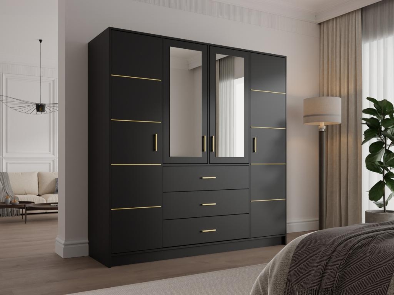 Vente-unique - Kleiderschrank mit 4 Türen & 3 Schubladen - Mit Spiegel - 196 cm - Schwarz & Goldfarben - MONLIO Bild 1