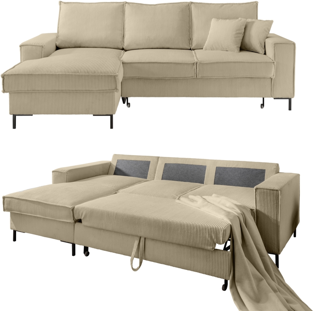 ECKSOFA mit Schlaffunktion, Bettkasten, Wellenunterfederung, Récamiere links B240/T150/H92 cm, Liegefl. 125x198 cm, Cord Beige Grau Bild 1