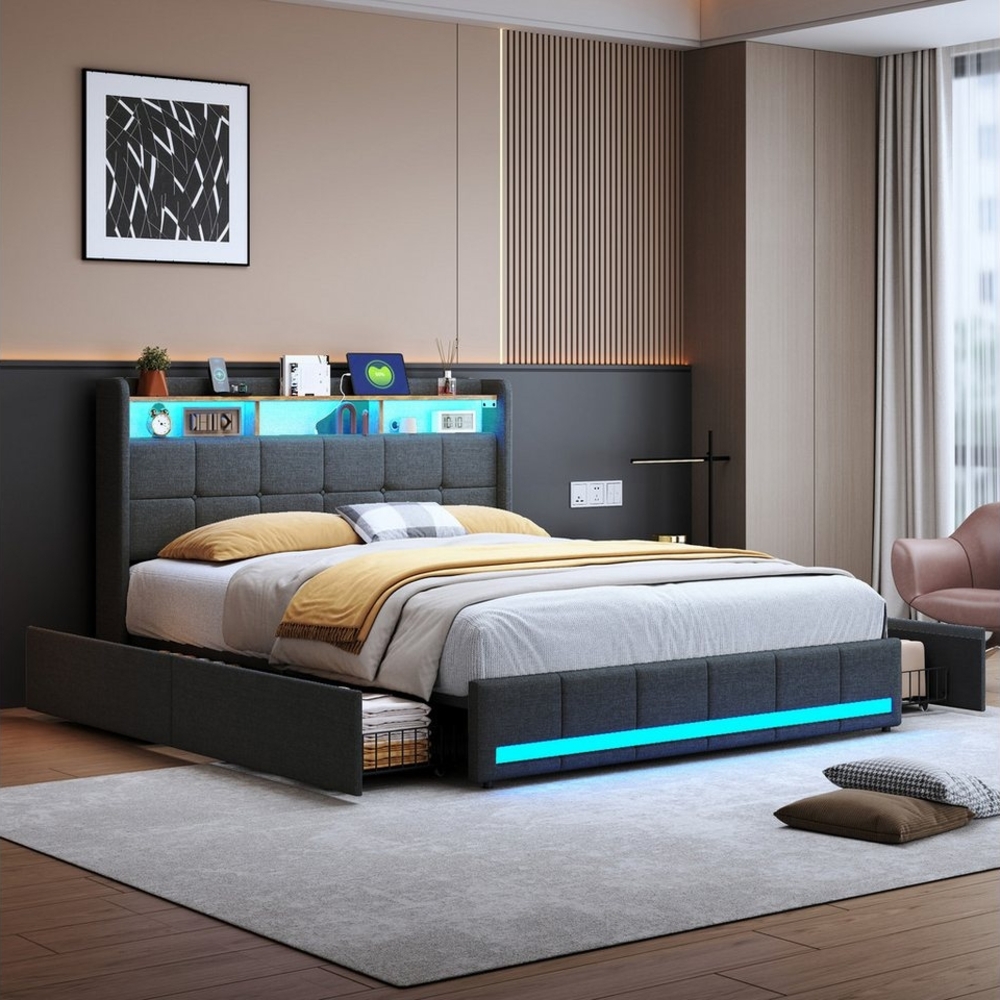 PXloue Funktionsbett Polsterbett Doppelbett, mit USB-Laden und Stauraum am Kopfteil,Leinen,160x200 cm Bild 1