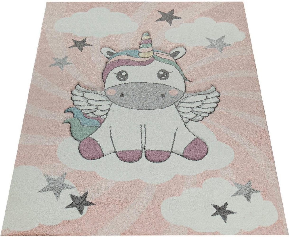 Paco Home Kinderteppich Cosmo 395, rechteckig, Höhe: 12 mm, 3D-Design, niedliches Einhorn Motiv, Pastell-Farben, Kinderzimmer Bild 1