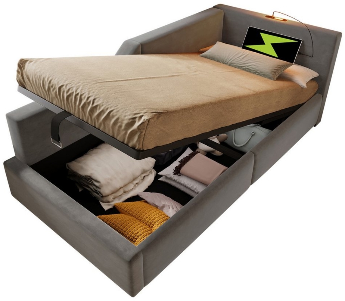 TavilaEcon Boxspringbett mit Leselichtfunktion und USB Ladefunktion (90×190/90×200cm), mit Lattenrost aus Holz, Samt, grau Bild 1