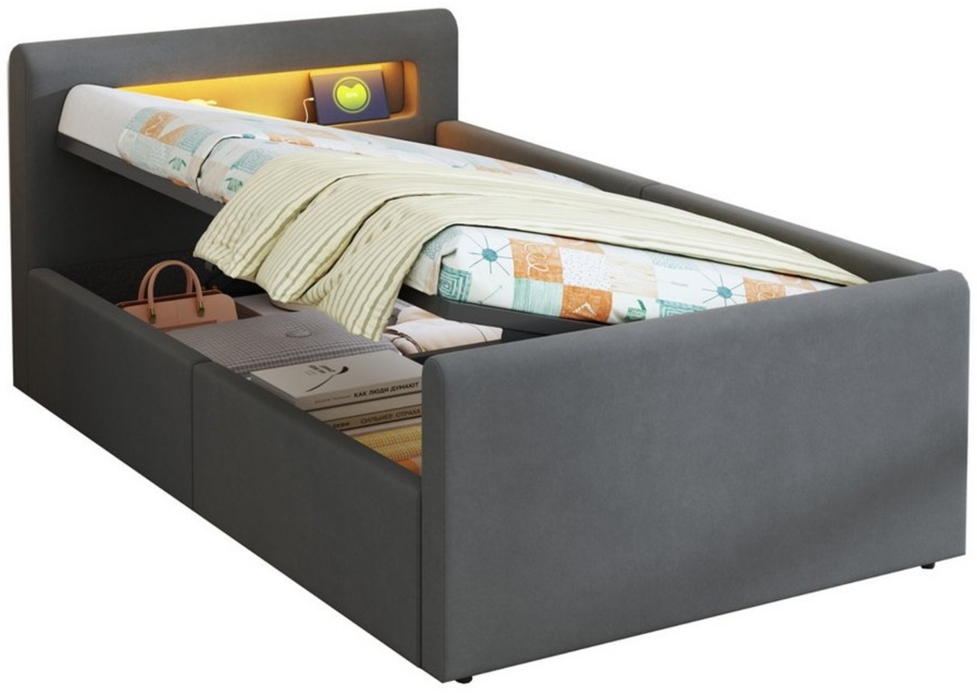 OKWISH Polsterbett Kinderbett Stauraumbett (mit LED-Licht und USB-Ladeanschluss, Hydraulischem Stauraum & Regal, Samtstoff, Mit verstellbaren Rückenlehnen und Nachtlicht, 90x200 cm), ohne Matratze Bild 1