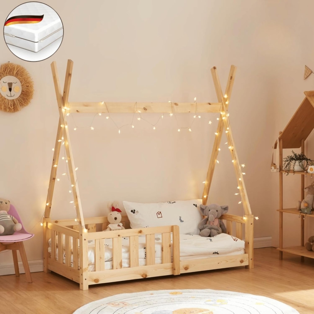 DELUKE® Kinderbett 70x140 YUMA - mit Matratze Lattenrost Rausfallschutz Tipi-Optik Tipibett Einzelbett Hausbett Kinderzimmer Bodenbett Montessori Bett Braun Bild 1